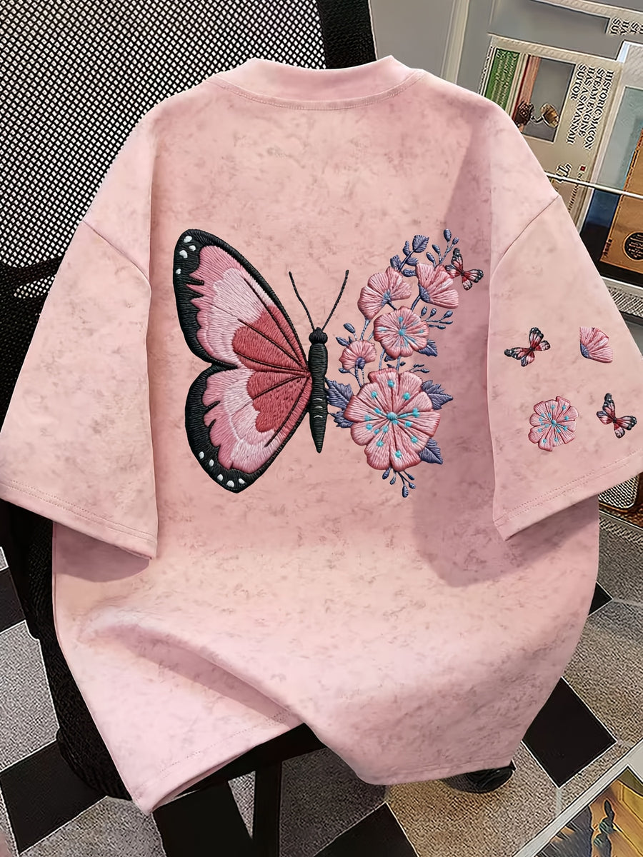 Women' Vintage Batik T-Shirt - Butterfly & Floral Print Short-Sleeve -Fit Top | Non- Suitable for Spring/Summer Casual Wear | Machine Washable Loose Boyfriend Shirt with Batik (No Transparency) - Pink