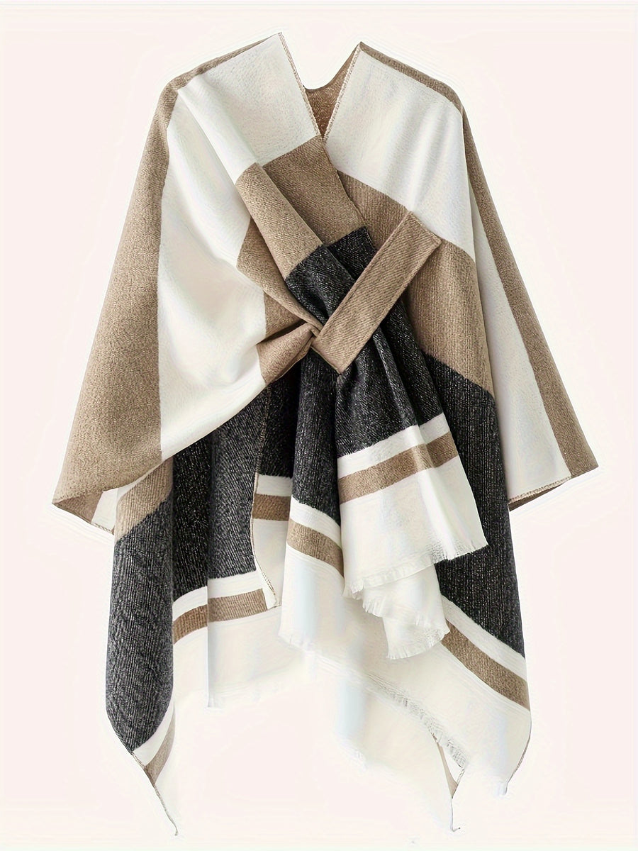Women's Fashion Classic Striped Color Block Pattern Autumn and Winter Windproof Buttoned Travel Wrap Coat - Black