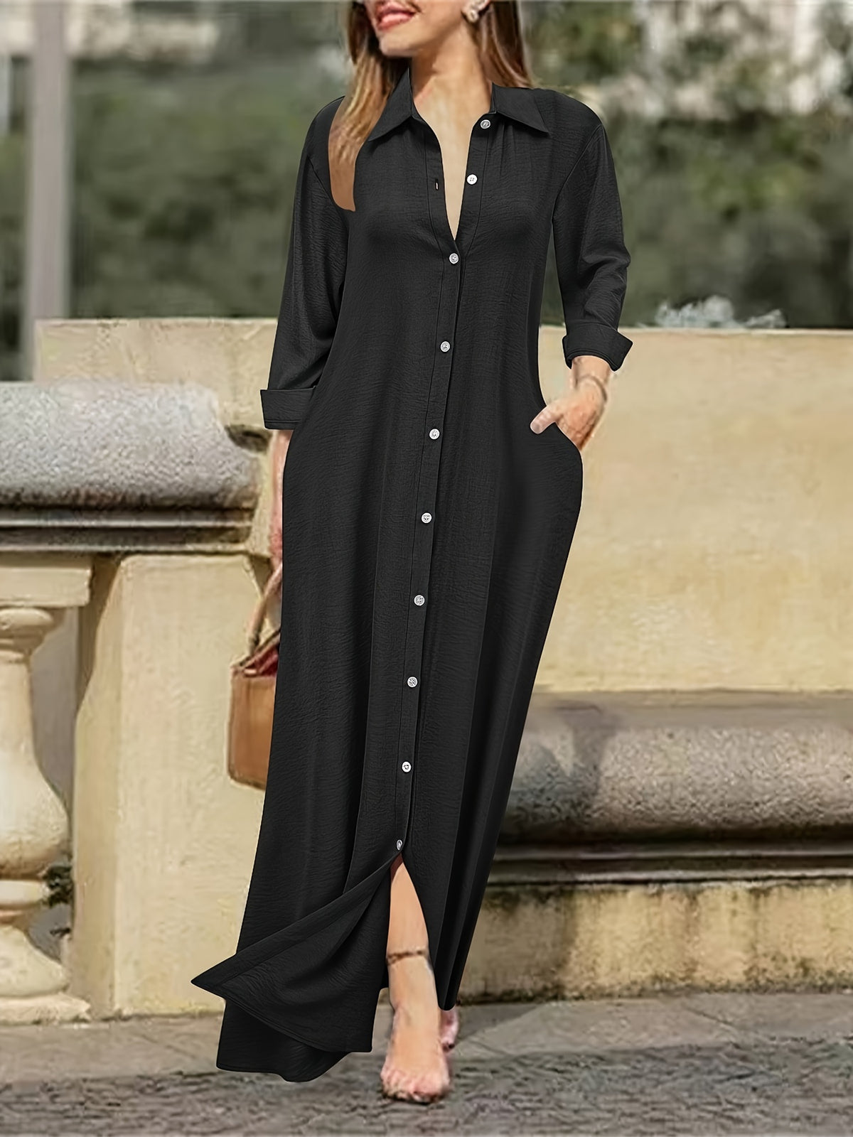 Women'S Fashion Long Shirt Dress, Dress - Black