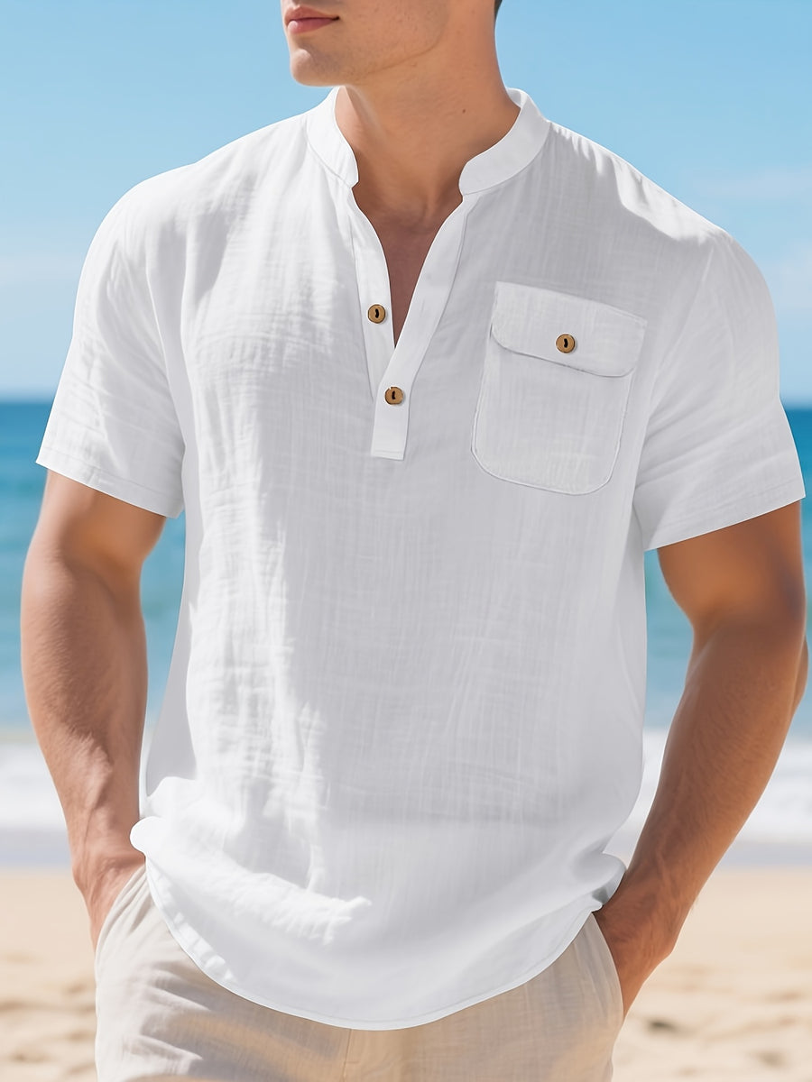 Men's Outdoor Travel Business Simple and Stylish Solid Color V-Neck Half-Open Placket Summer Breathable Comfortable Casual Short-Sleeve Henley Collar T-Shirt - White
