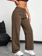 Women'S Jeans, Temperament Comfortable Coffee-Colored Straight-Leg Denim Trousers, Suitable for Daily Commute - Coffee Color