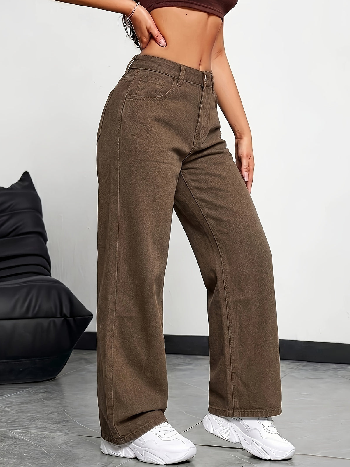 Women'S Jeans, Temperament Comfortable Coffee-Colored Straight-Leg Denim Trousers, Suitable for Daily Commute - Coffee Color