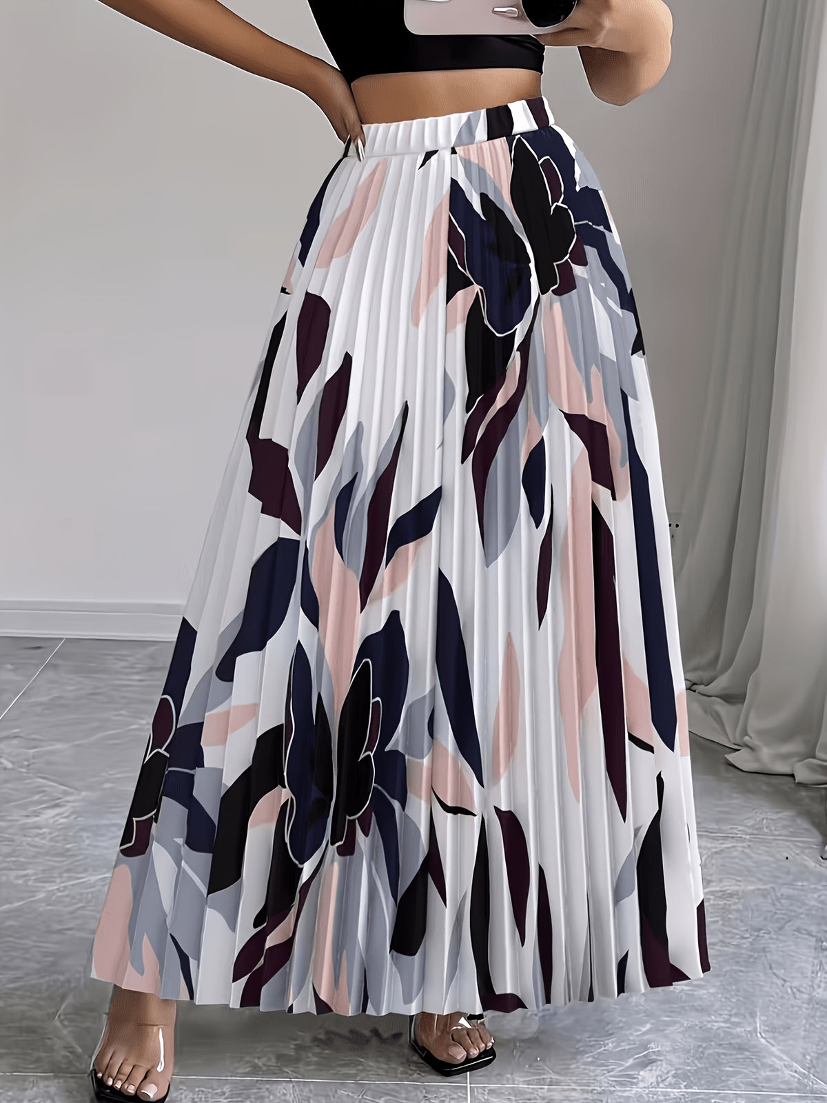 Elegant Women'S Midi Skirt, Long Skirt, Sun Pleated, Pleated Half Skirt, Elastic Waistband, Machine Washable, Fabric - Multicolor