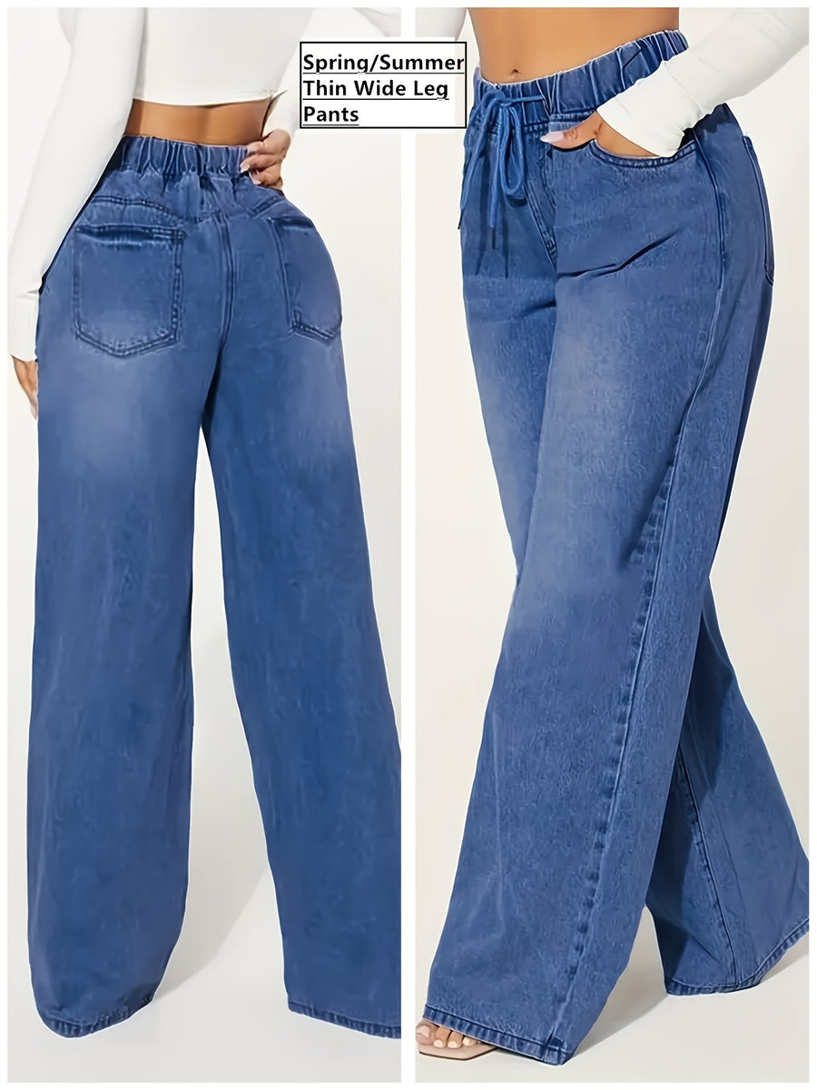 A Women's Fashionable Denim Straight Leg Pants with Elastic Waistband, Loose, Soft and Comfortable, Slanted Pockets, Classic Color, Versatile for All Seasons - Deep Blue