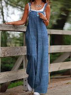Women's Vacation Wide-Leg Jumpsuit - Sleeveless with Adjustable Buckle Straps, Pockets Included, Machine Washable, Solid Color - Blue