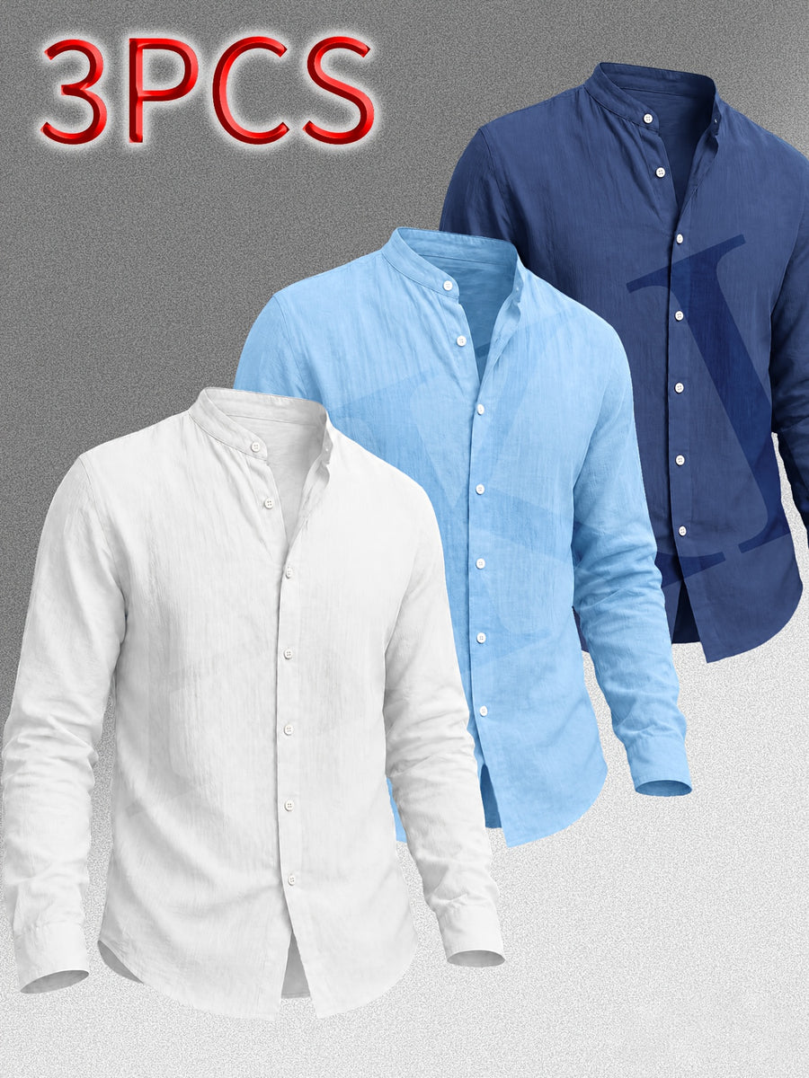 [Know And Give OBM] Men'S Clothing New Stand-Up Collar Solid Linen-Like Long Sleeve Shirt 3pcs Set, Minimalist Design, Spring Autumn Winter High-Quality Men'S Long Sleeve Button-Up Shirt - Suitable for Outdoor Leisure Vacation Formal Wear - White+Sky Blue+Navy