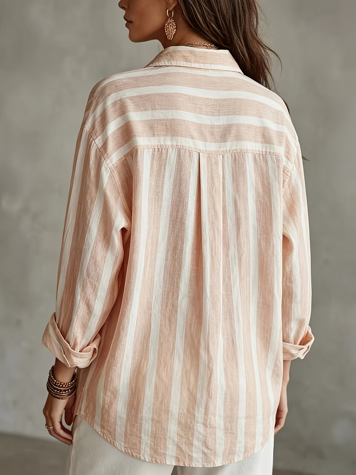 Vintage Vertical Striped Shirt, Women'S Loose Lapel Casual Versatile Open Front Top - Peach