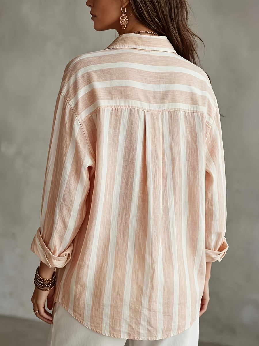 Vintage Vertical Striped Shirt, Women'S Loose Lapel Casual Versatile Open Front Top - Peach