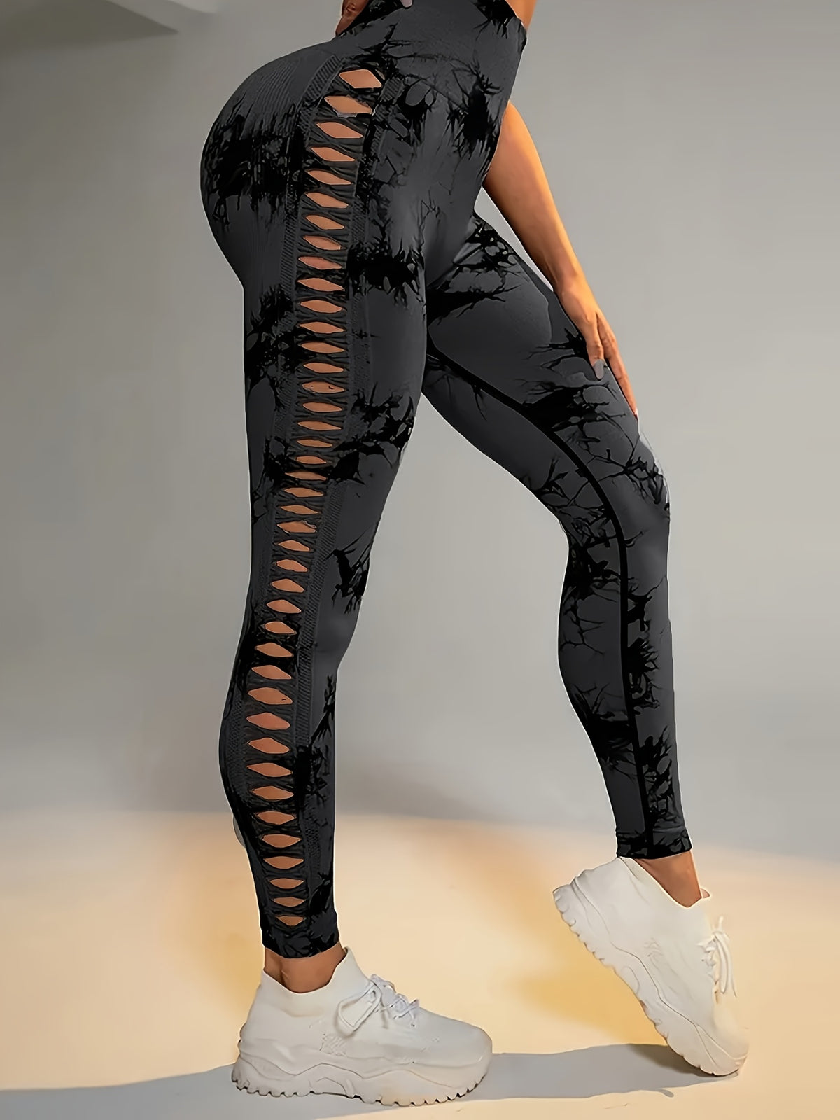 Women's High-Waist Seamless Hollow-Out Fashionable High-Stretch Yoga Pants for Fitness and Outdoor Sports - Dark Gray