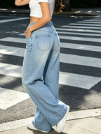 1pc Light Wash Blue Drawstring Elastic High Waist Floor-Length Wide Leg Denim Jeans, Lazy Casual Denim Trousers, Solid No Print, All Seasons Home Street Outfits, Loose Draped Fit for Western And Moms - Light Blue