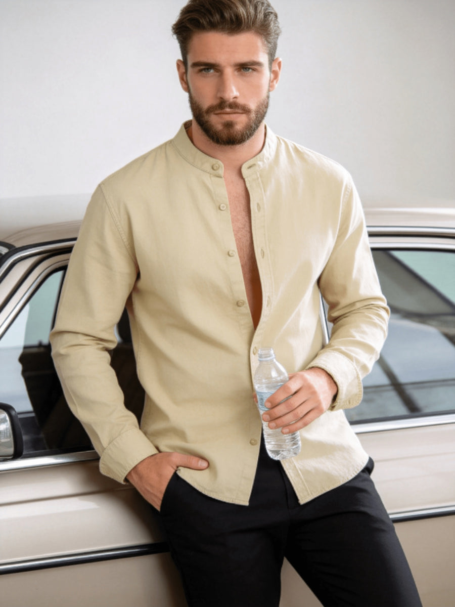 Men'S And Linen Button-Up Shirt, Casual Stand-Up Collar Long Sleeve Shirt, Men'S Beach Vacation/Daily Wear/Outdoor Travel/Home Walking/Weekend Outings, Dates, Gatherings, Office Casual Outdoor Wear (Shirt) - Khaki