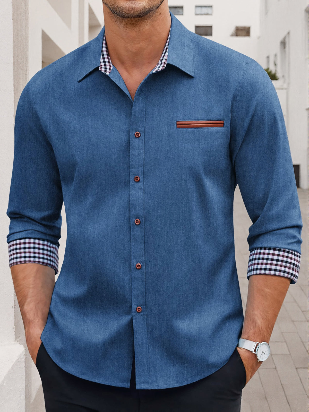 Men's Blue Denim Long Sleeve Shirt, Breathable Button Shirt with Turn- Collar and Faux Chest Pocket, Loose Fit Casual Urban Streetwear Shirt for Daily Commute - Dark Blue 1