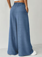 Women'S Solid Color High-Waist Belted Wide Leg Pants with Pockets, Casual Trousers - Royal Blue
