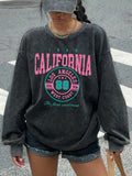 Women's Vintage Washed Crew Neck Sweatshirt - California Los Angeles Graphic Letter Print, Oversized Casual Pullover for Fall Winter, Machine Washable, Cute Sweatshirts, Everyday Clothing, Winter Apparel, Cozy Texture, Relaxed Fit - Deep Grey