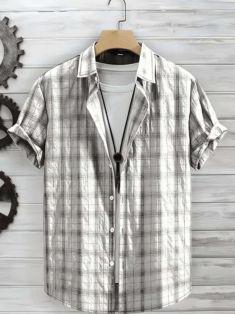 Men's Summer Casual Texture Checkered Short Sleeve Loose Fit Outdoor Trendy Fashion Front Closure Flap Collar Shirt - White