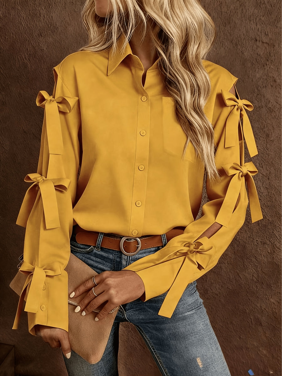 Women'S Solid Color Bow Decorated Long Sleeve Single-Button Shirt, Suitable for Office, Home, Street, And Administration - ginger-colored