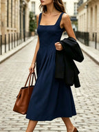 Fashionable Women's Sleeveless Puff-Style Solid Color Dress (Accessories Not Included) - New Spring/Summer Women's Clothing, Most Popular Korean Women's Apparel, Casual and Elegant Women's Dresses, Hot-Look Outfits, Women's Dresses, Women's Summer - Navy Color