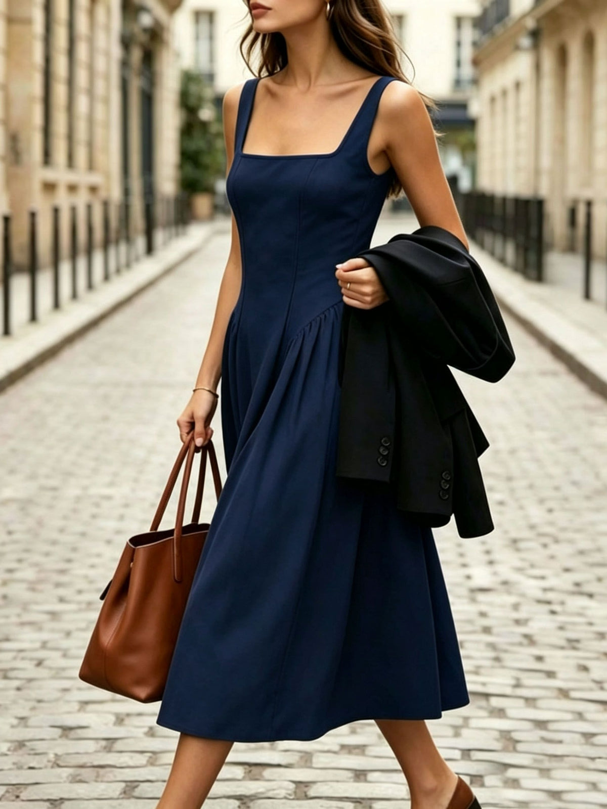 Fashionable Women's Sleeveless Puff-Style Solid Color Dress (Accessories Not Included) - New Spring/Summer Women's Clothing, Most Popular Korean Women's Apparel, Casual and Elegant Women's Dresses, Hot-Look Outfits, Women's Dresses, Women's Summer - Navy Color