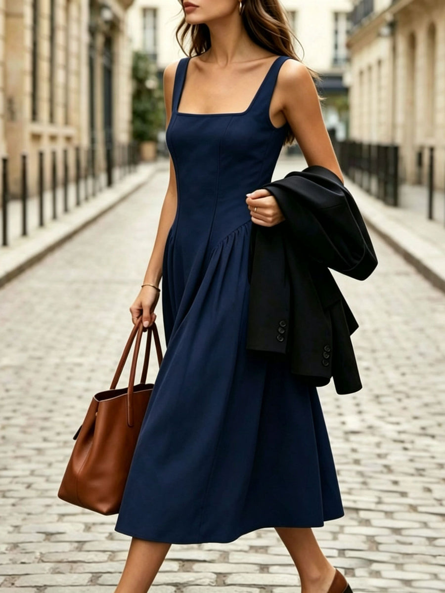 Fashionable Women's Sleeveless Puff-Style Solid Color Dress (Accessories Not Included) - New Spring/Summer Women's Clothing, Most Popular Korean Women's Apparel, Casual and Elegant Women's Dresses, Hot-Look Outfits, Women's Dresses, Women's Summer - Navy Color