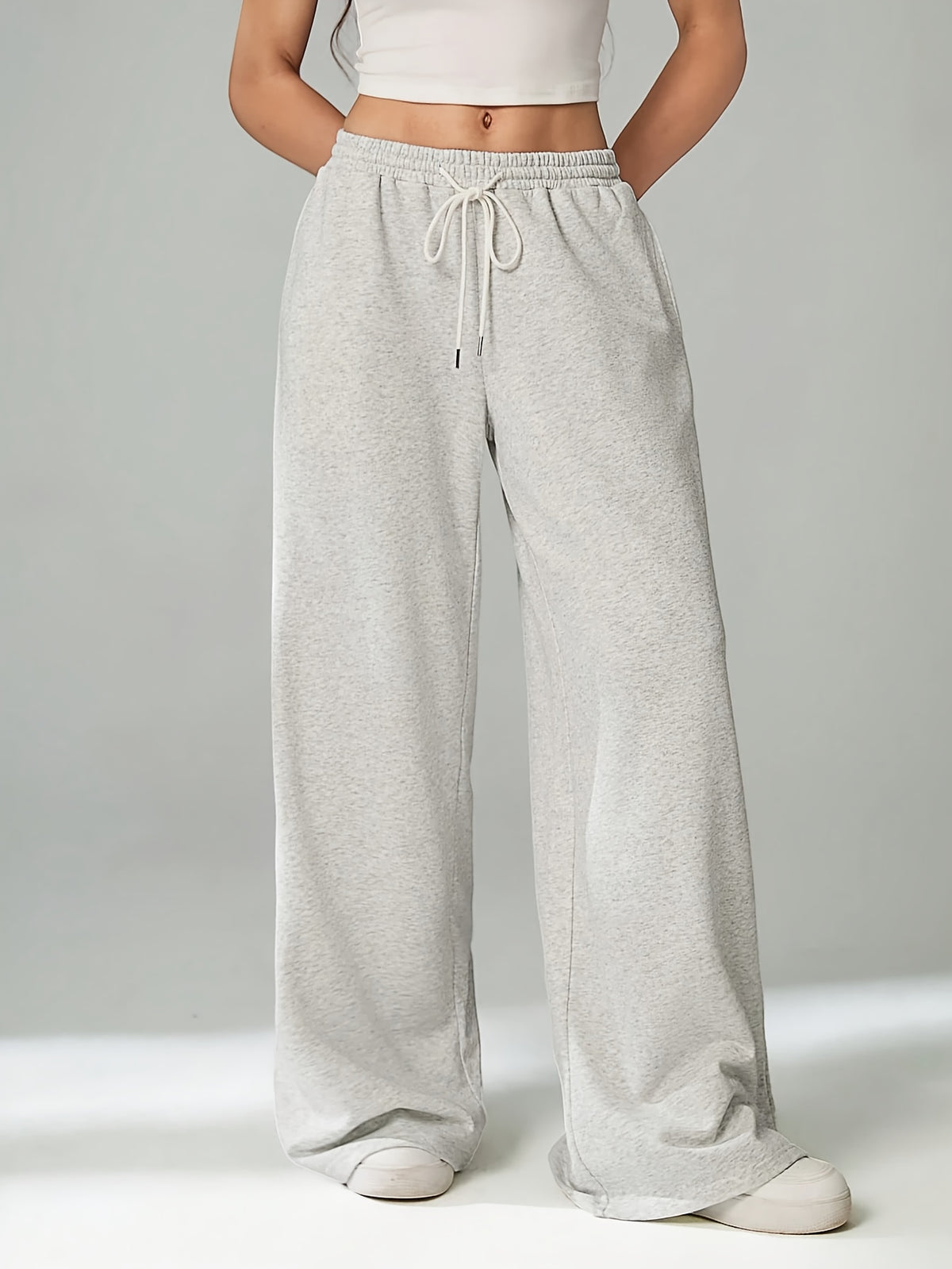 Women'S Autumn Winter High Waist Elastic Waist Loose Wide Leg Pants - Granny Gray