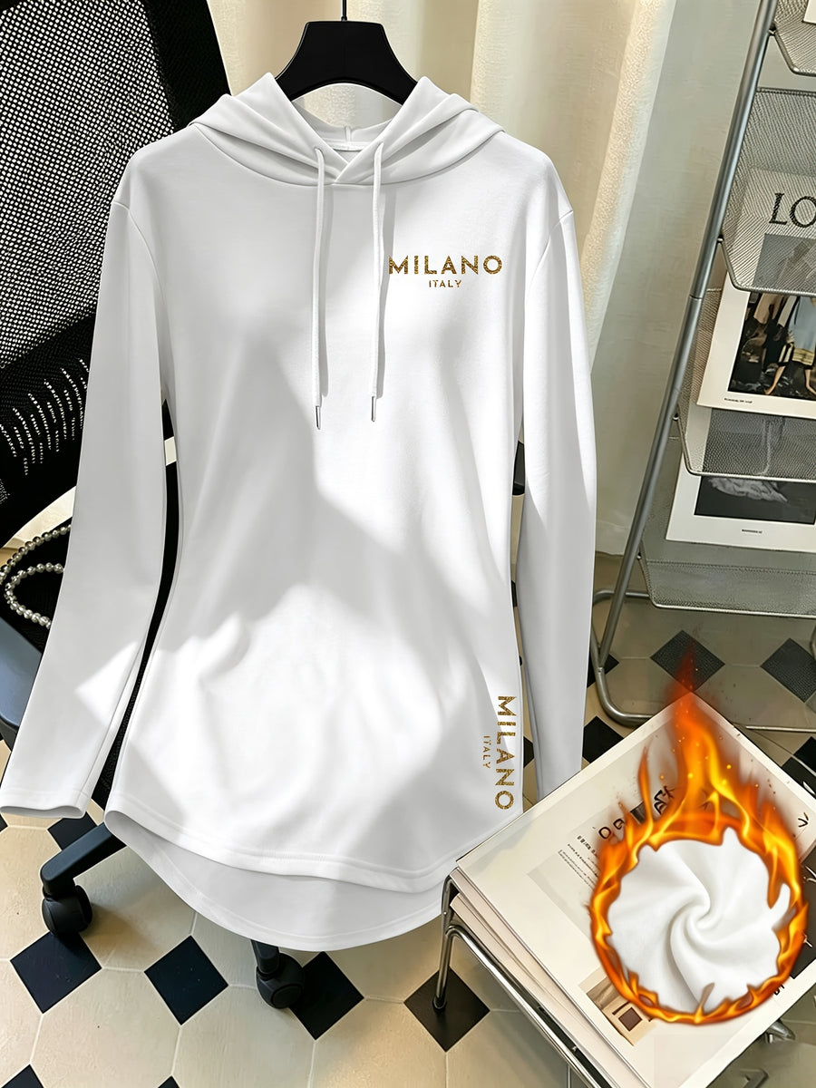 Mid-Length Hooded Sweatshirt for Women, Loose Hip-Covering Letter Print Drawstring Pullover Top - White