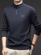 Men'S 1/4 Zip Long Sleeve Sweatshirt, Spring/Autumn Business Casual Golf Top, Half-Zip Collar High Neck Long Sleeve T-Shirt, Soft Comfortable Casual Sportswear, Outdoor Spring/Autumn Warm Clothing, Logo on Chest, Mature Men'S Apparel - Navy Color