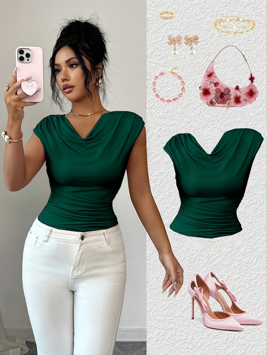 Spring/Summer Fashionable and Elegant Ruffle Pleat Collar Daily Casual T-Shirt - Green