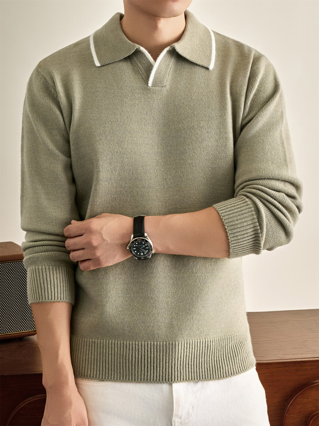 Autumn Winter Knit 3D Solid Color Lapel Polo Sweater, Basic Knit Pullover Top for Men, Fashionable Long Sleeve Sweater, Size S - Light Green