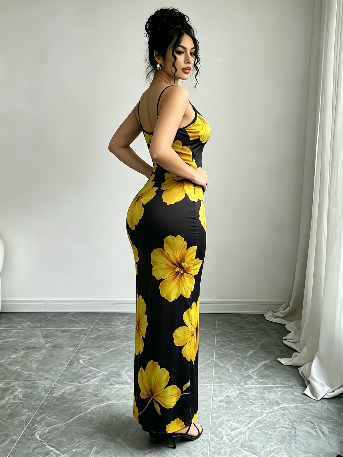 Women'S Adjustable Strap Printed Cami Dress, High-Waist Cinched -Lifting Long Skirt, Stretchy And, Suitable for Beach Vacation/Music Festival/Casual Date Wear - Tangerine