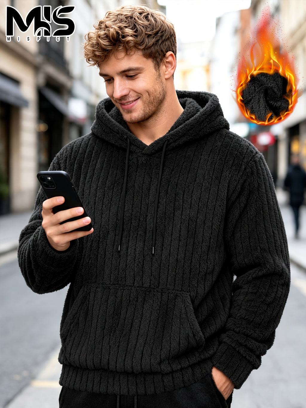 Men'S Classic Kangaroo Pocket Hooded Sweatshirt, Fashionable Street Style Wear, Soft And Comfortable Texture, Autumn/Winter Fleece Warm Solid Color Long Sleeve Pullover, Suitable for Casual Daily And Outdoor Activities - Black