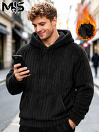 Men'S Classic Kangaroo Pocket Hooded Sweatshirt, Fashionable Street Style Wear, Soft And Comfortable Texture, Autumn/Winter Fleece Warm Solid Color Long Sleeve Pullover, Suitable for Casual Daily And Outdoor Activities - Black