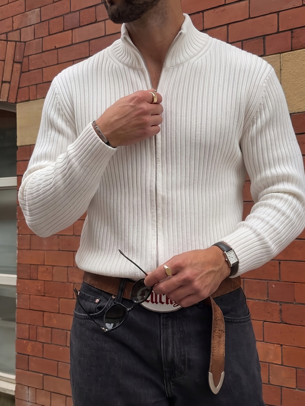 Autumn/Winter Style Men's and Women's Casual Versatile Simple Fashionable Temperament Stand Collar Ribbed Zipper Long Sleeve Outerwear Lapel Fabric Knit Cardigan Sweater - White