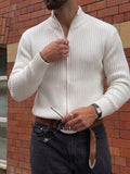 Autumn/Winter Style Men's and Women's Casual Versatile Simple Fashionable Temperament Stand Collar Ribbed Zipper Long Sleeve Outerwear Lapel Fabric Knit Cardigan Sweater - White