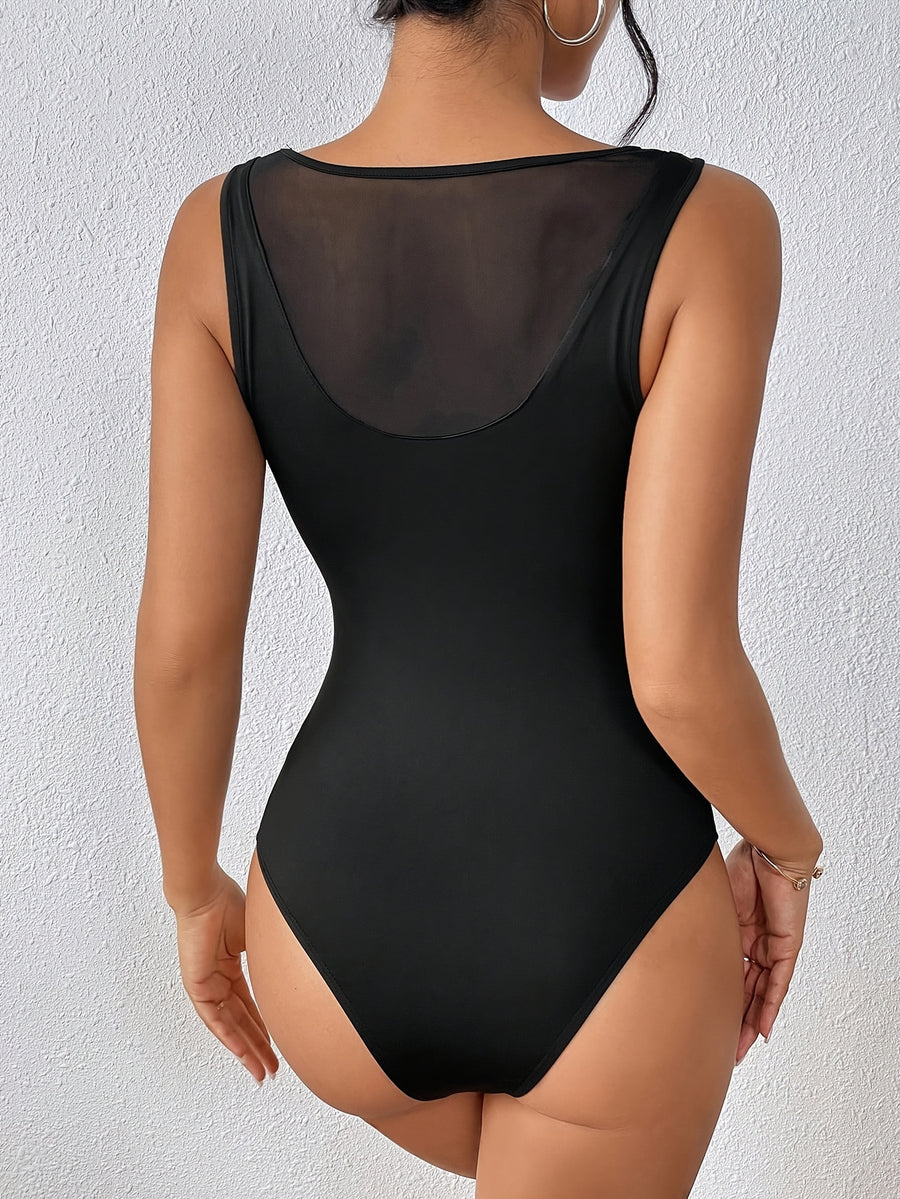 GD Commuter Romper Sexy Halter Cutout See-Through Mesh Patchwork Romper - Black