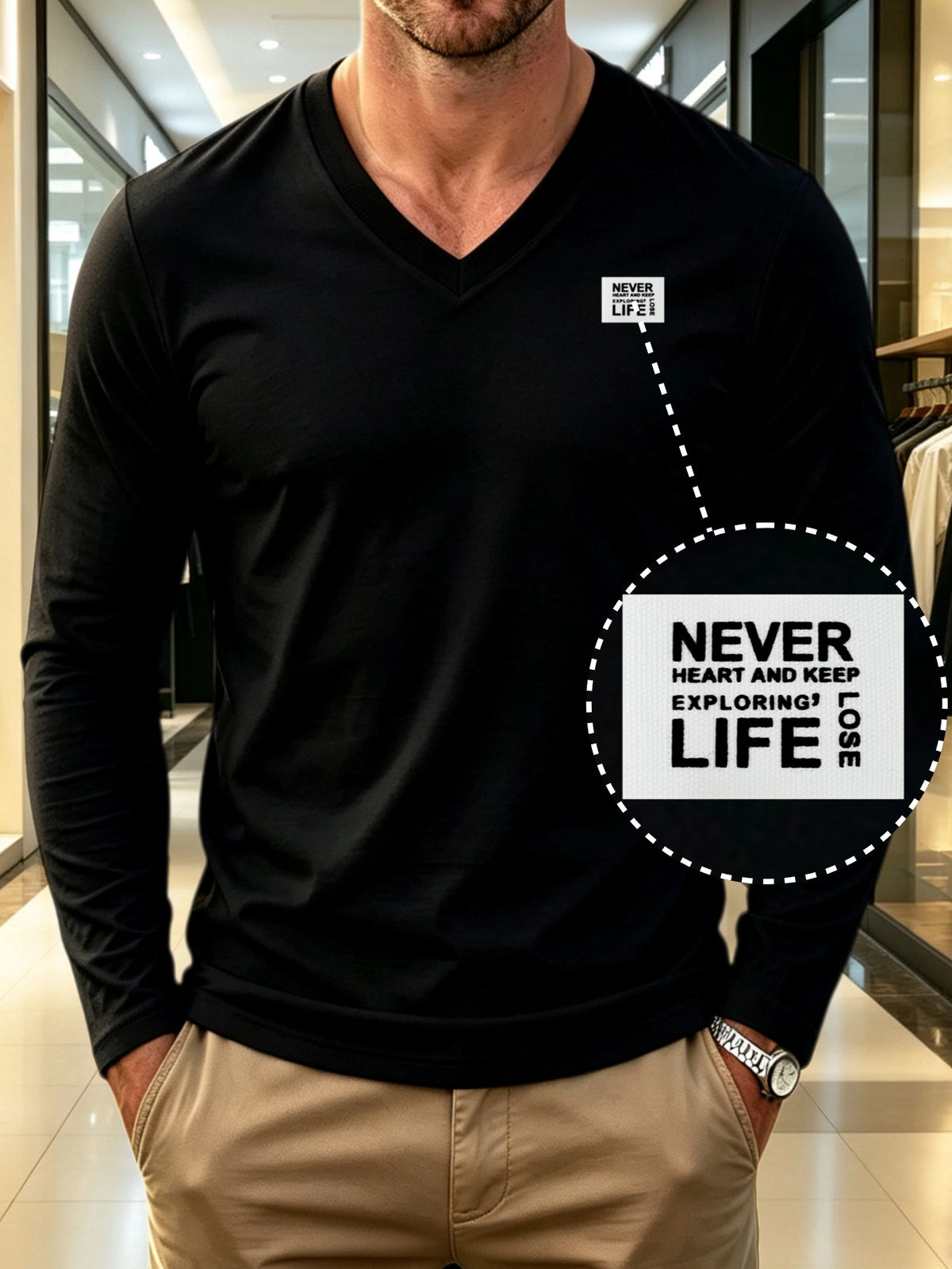 100%, Men'S V-Neck Long Sleeve Short-Sleeve T-Shirt, Men'S Knit Sweatshirt, Casual Sports Outdoor Top, Men'S Casual All-Match T-Shirt, Back to School Season, Gift for Friends - Black 2