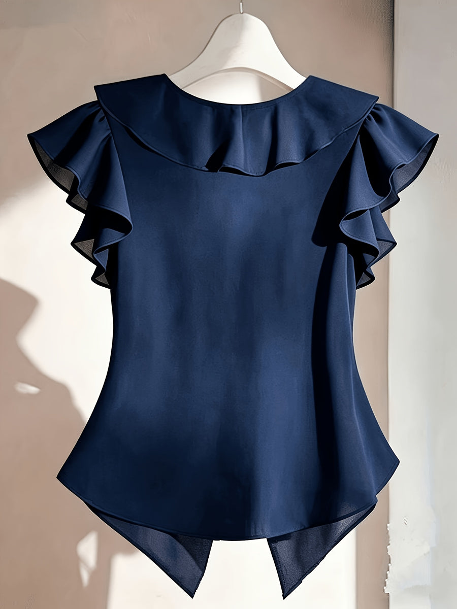 Summer French Solid Ruffled Fly Short Sleeve Shirt Chiffon Top Women'S - Navy Color