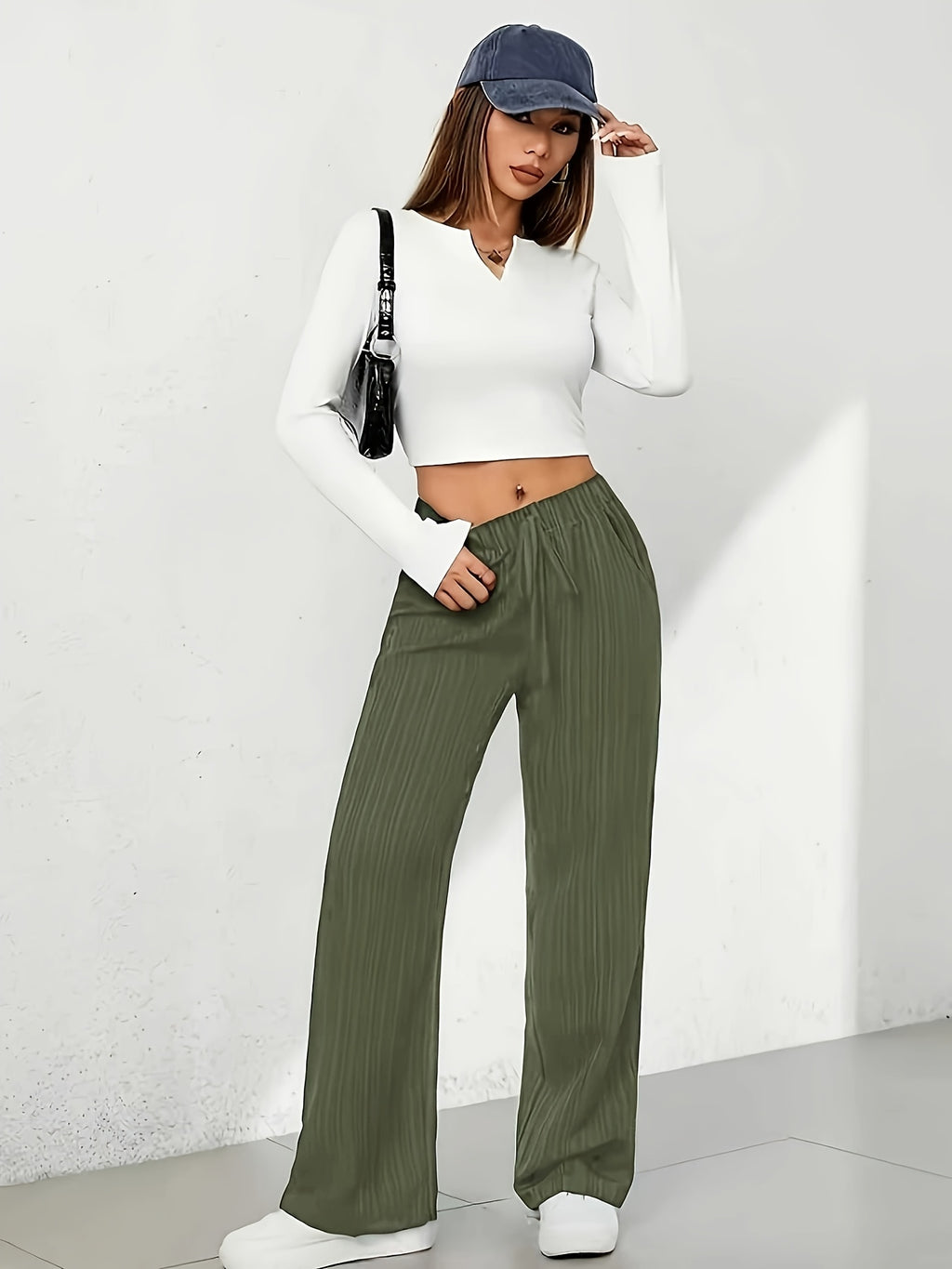 Women's Elegant Straight-leg Trousers with Tree Grain Wrinkle-texture Micro-stretch Fabric, Featuring a Comfortable Elastic Waistband with Drawstring Detail and Side Slant Pockets. Suitable for All Seasons - Olive