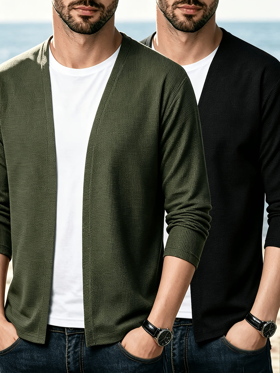 LVLAEA Christmas Pre-Heating 2pcs Set Men'S Knit Cardigan Long Sleeve Knit Casual No-Button Cardigan Spring Autumn Men'S Solid Color Jacket Middle-Aged Fashion Air-Conditioned Shirt Outerwear Men'S Style, Suitable for Outings And Leisure - Black+Dark Green