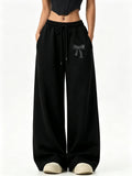 Women'S Wide-Leg Sweatpants - Gentle And Exquisite Bow Print Trendy Design, Comfortable Casual Trousers for Daily Wear, Easy Sweet Style, Suitable for Home, Leisure, And Outings - Black