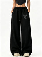 Women'S Wide-Leg Sweatpants - Gentle And Exquisite Bow Print Trendy Design, Comfortable Casual Trousers for Daily Wear, Easy Sweet Style, Suitable for Home, Leisure, And Outings - Black