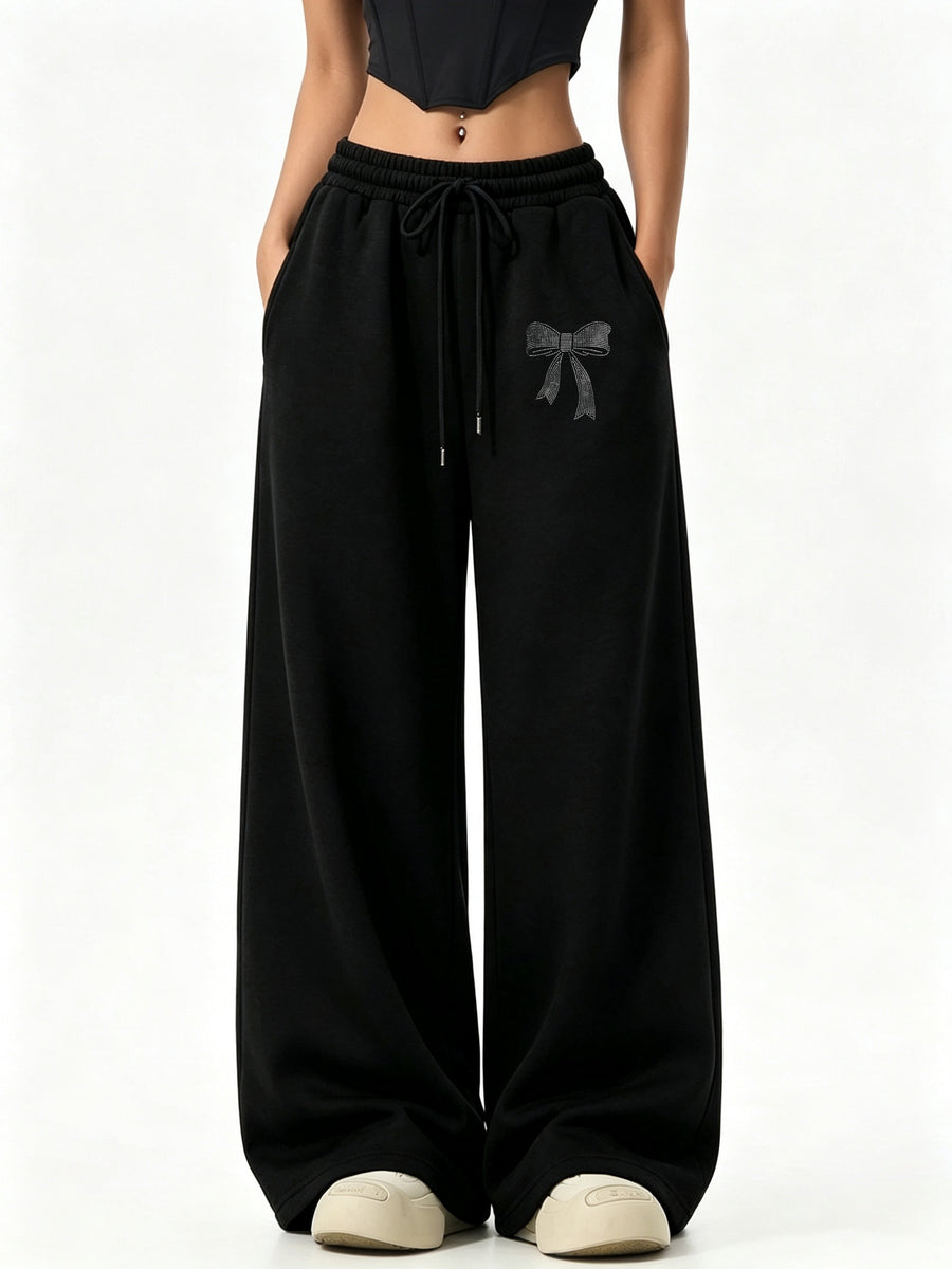 Women'S Wide-Leg Sweatpants - Gentle And Exquisite Bow Print Trendy Design, Comfortable Casual Trousers for Daily Wear, Easy Sweet Style, Suitable for Home, Leisure, And Outings - Black
