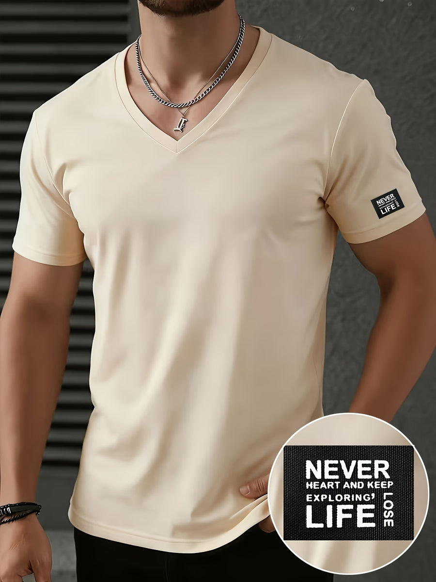 Men'S Patchwork V-Neck Short Sleeve T-Shirt, Suitable for Summer Outdoor Casual Wear, Casual Versatile Knit Top - Apricot2
