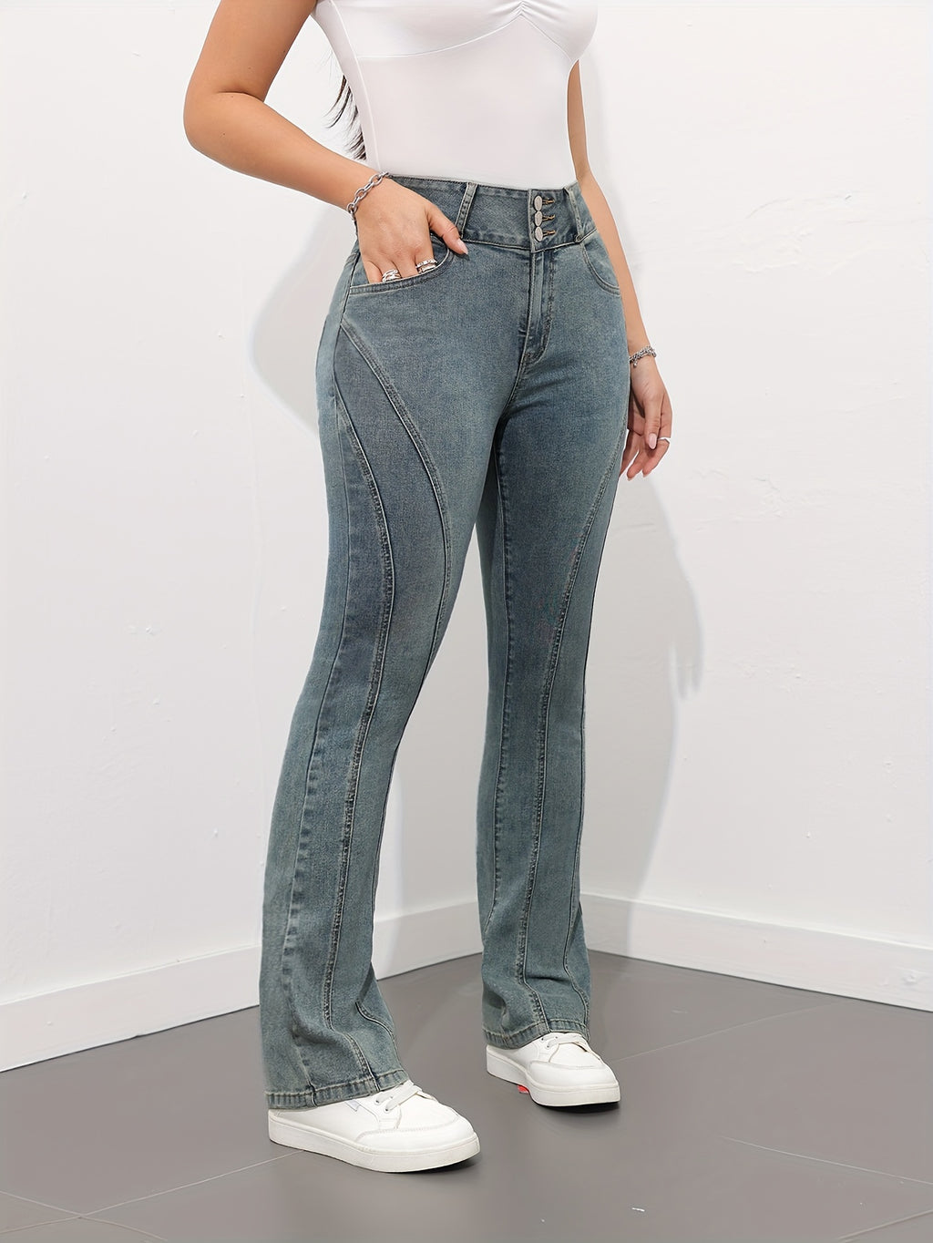 Specially Developed High-Waist Flare Jeans for Women, High Stretch, Distressed, Versatile,, Vintage, Slim-Fit Flared Pants 18327 - Blue