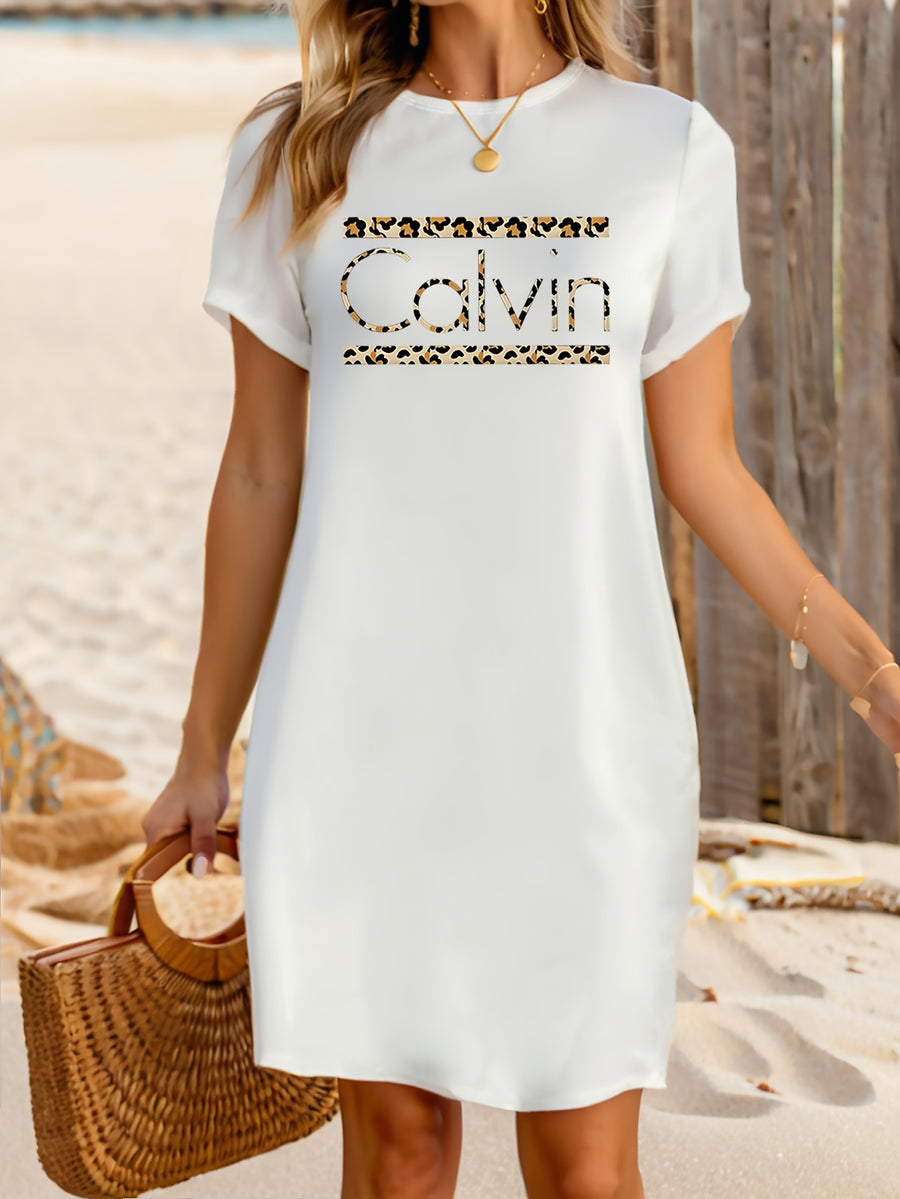 Calvin Women's Leopard Print T-Shirt Dress - Casual Short Sleeve Round Neck, Elastic Waist & Machine Washable, Spring Summer Daily Wear, Weekend Attire, Trendy Style, Comfortable Fabric, Women - White