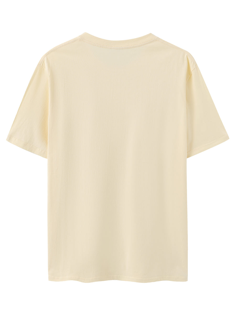 Men's Print Pure Cotton T-Shirt, Summer Fashion Vintage Trendy Casual Breathable Everyday Versatile Crew Neck Short Sleeve Top - Apricot