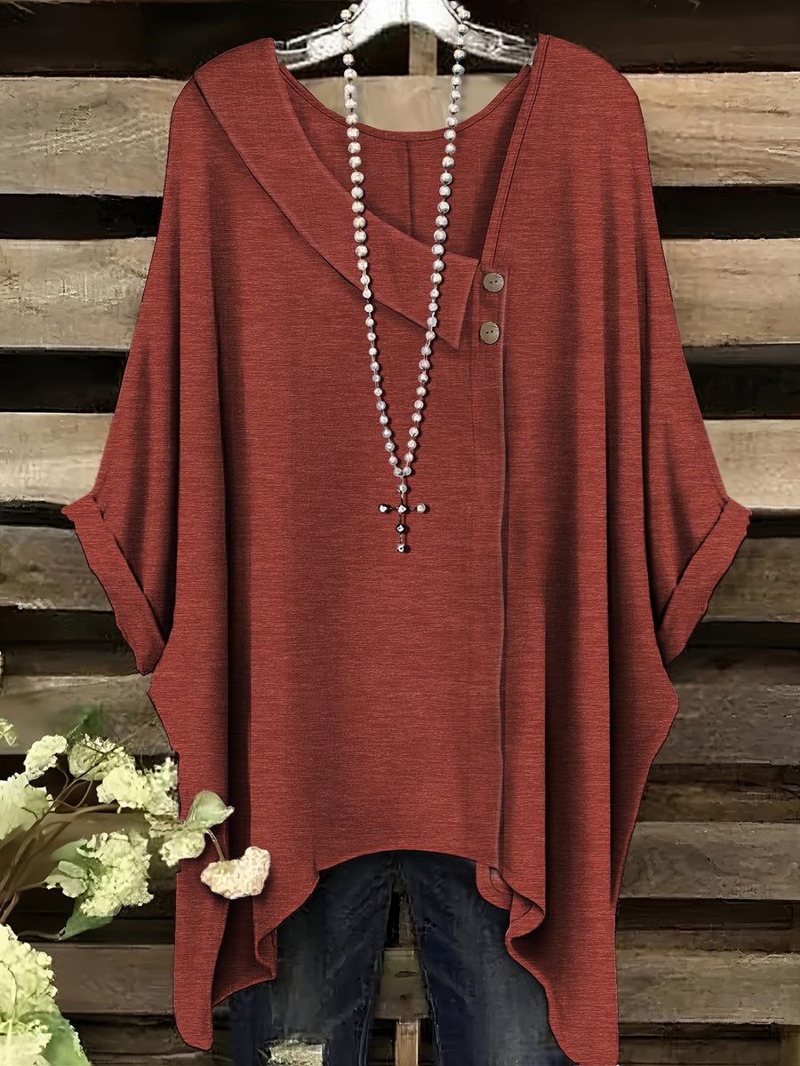 Plus Size - Plus Size - Fashionable New Polo with Buttons, Women'S Plus Size Short Sleeve T-Shirt, Unique Short Sleeves, Stylish Casual Women'S Wear, Loose Fit Clothing, Additions Not Included - Brick Red