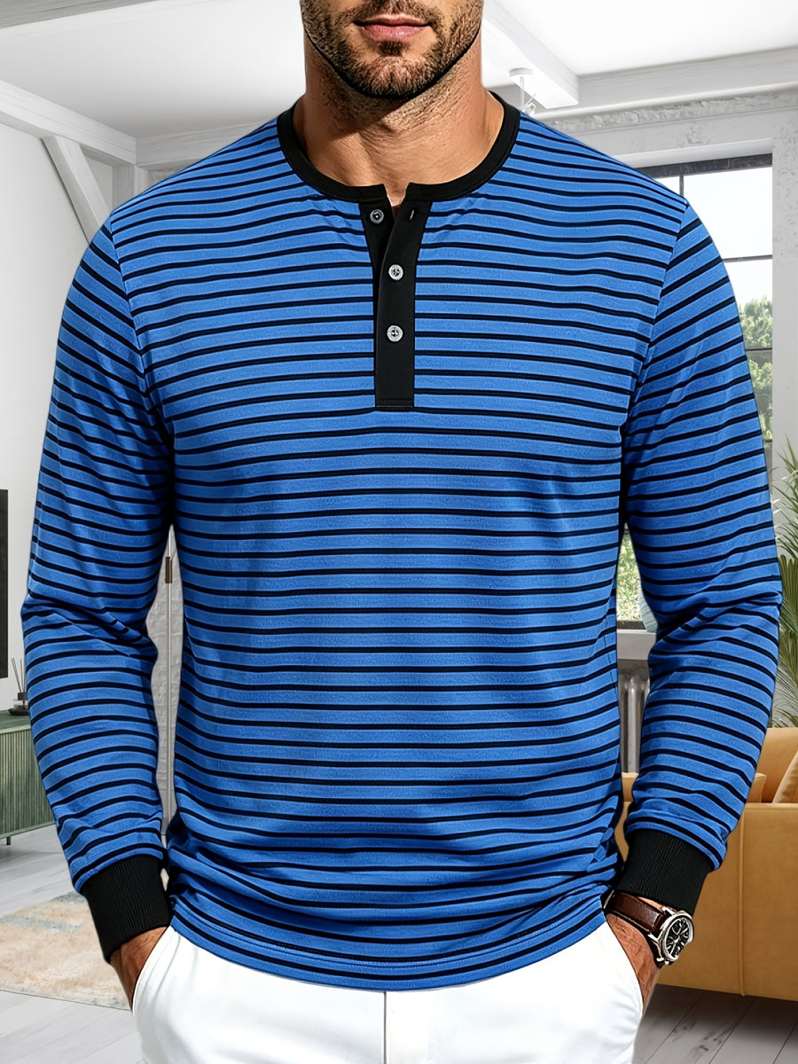Men'S Spring Autumn Casual Loose Easy Striped Outdoor Commuter Long Sleeve Henley Shirt - Royal Blue