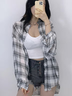 Chiffon Plaid Print Sheer Blouse Top Sunscreen Shirt - White