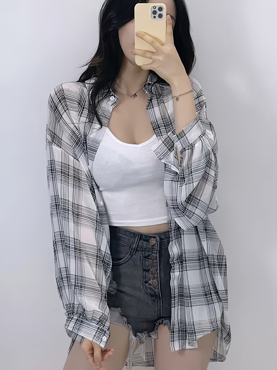 Chiffon Plaid Print Sheer Blouse Top Sunscreen Shirt - White
