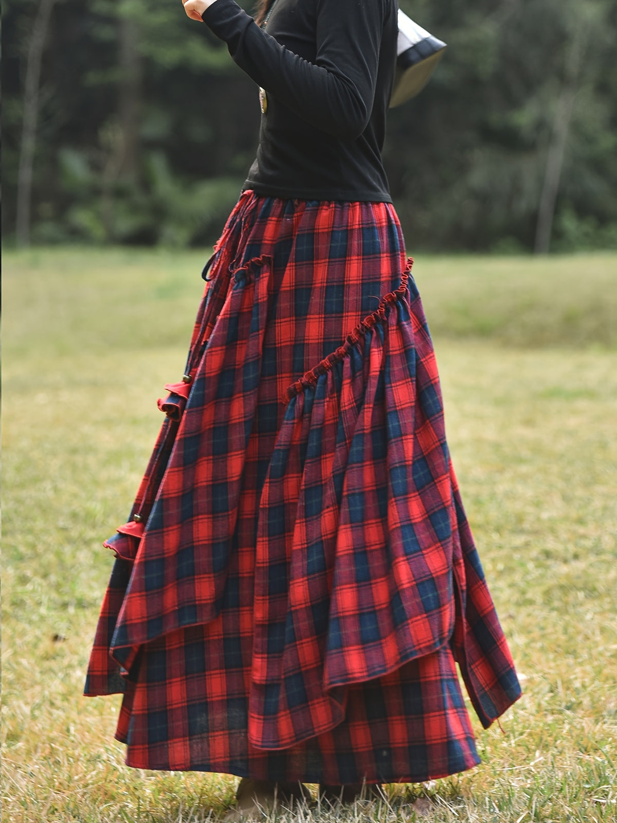 Women's Vintage Asymmetrical Tiered Maxi Skirt - Double-Sided Plaid Pattern, Loose A-Line Silhouette, Polyester Long Flowy Skirt for Spring & Fall, Machine Washable - Red